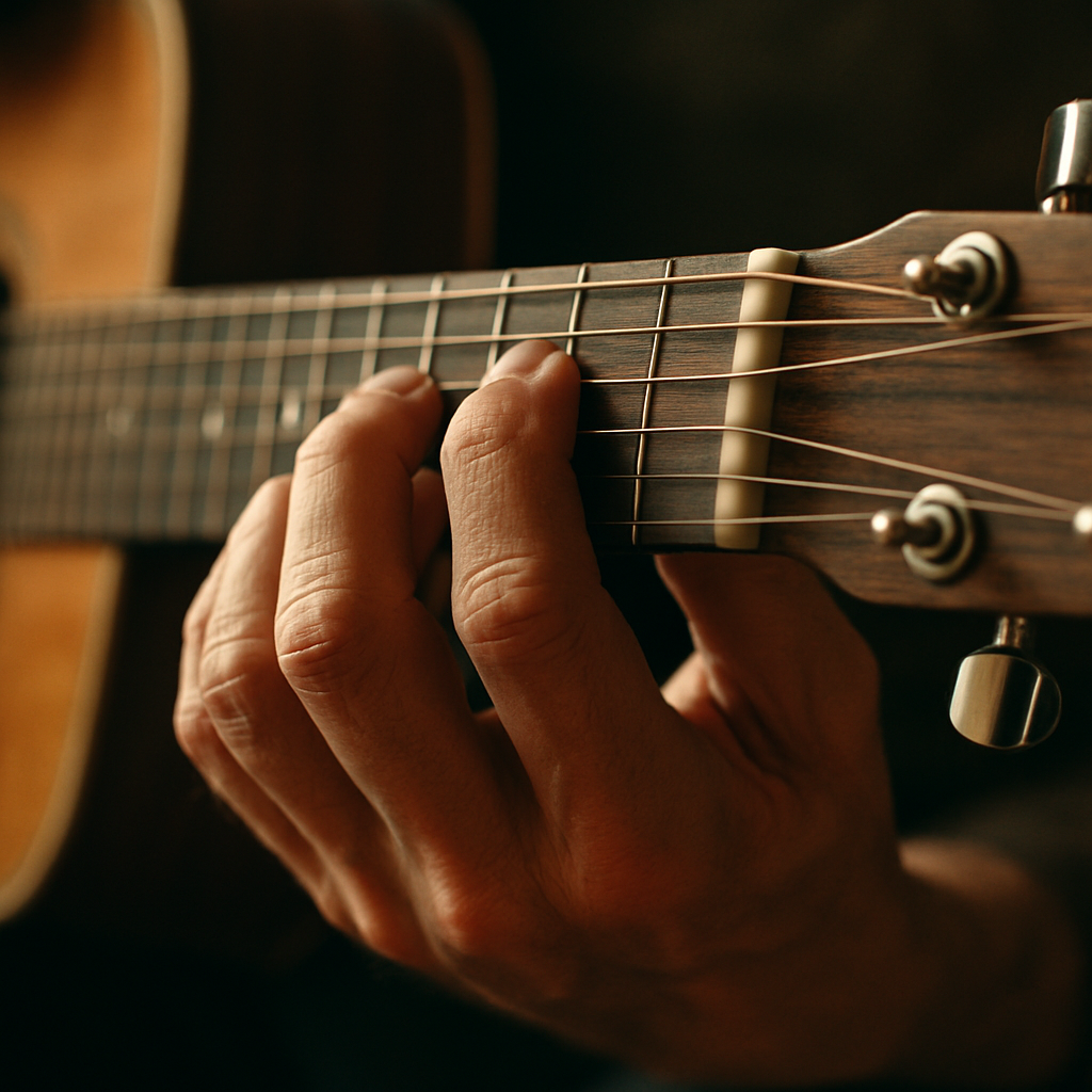Close-up of hands forming a chord on guitars showing string and fretboard detail