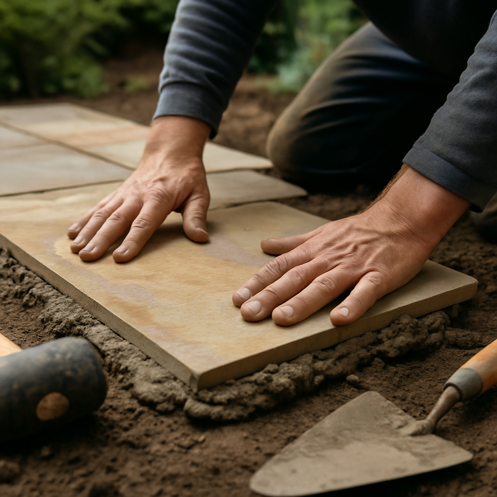 Close-up of stone patio installation showing decking vs patio material quality