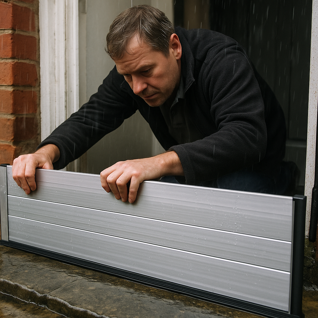 Homeowner fitting a flood barrier door seal as part of storm preparation UK home 2026