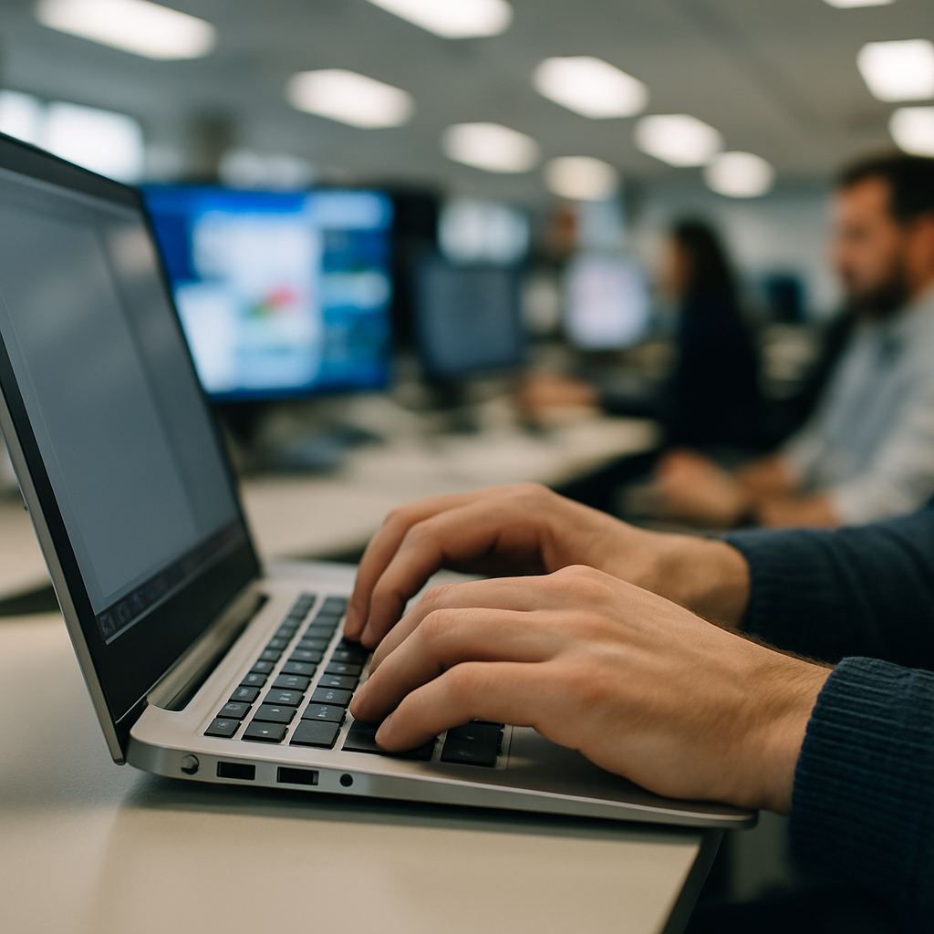 Journalist typing in a UK newsroom as part of the UK newspaper industry digital survival shift in 2026